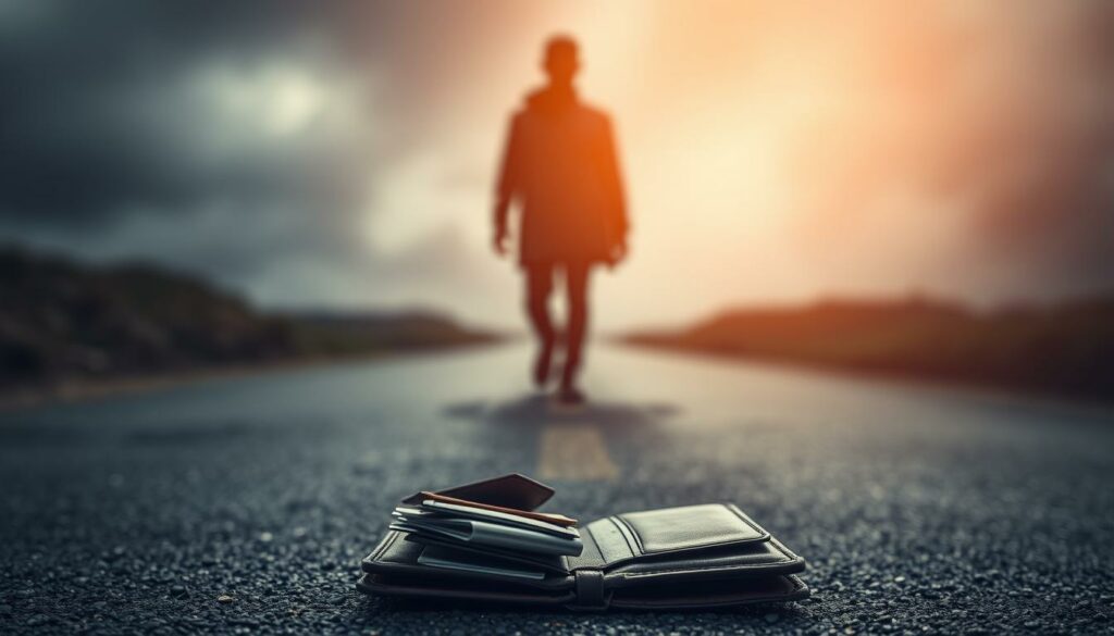 A person standing at a crossroads, unsure of their next steps after falling victim to financial fraud. In the foreground, a wallet lies open, its contents scattered, symbolizing the aftermath of deception. The middle ground features a shadowy figure slipping away, their identity obscured. The background is blurred, creating a sense of uncertainty and unease. Muted colors and dramatic lighting evoke a somber, contemplative mood, mirroring the subject's dilemma. The scene is captured through a wide-angle lens, emphasizing the vastness of the challenge faced by the victim. An atmospheric, cinematic composition that visually encapsulates the section's title, "What to do if you have become a victim?"