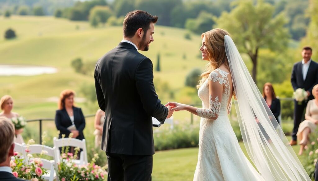 A picturesque outdoor wedding scene at a lush, verdant estate. In the foreground, the radiant bride, Hannah Lee Fowler, in a flowing, ivory lace gown, exchanges vows with the dashing groom, country music star Sam Hunt, in a classic black tuxedo. Soft, natural lighting bathes the couple, creating a warm, romantic atmosphere. In the middle ground, a small gathering of family and friends witness the intimate ceremony, their faces filled with joy. The background depicts a serene landscape, with rolling hills, blooming wildflowers, and a glimpse of a tranquil lake in the distance. The overall scene evokes a sense of timeless elegance and profound happiness, capturing the essence of this special day in the lives of Sam and Hannah.