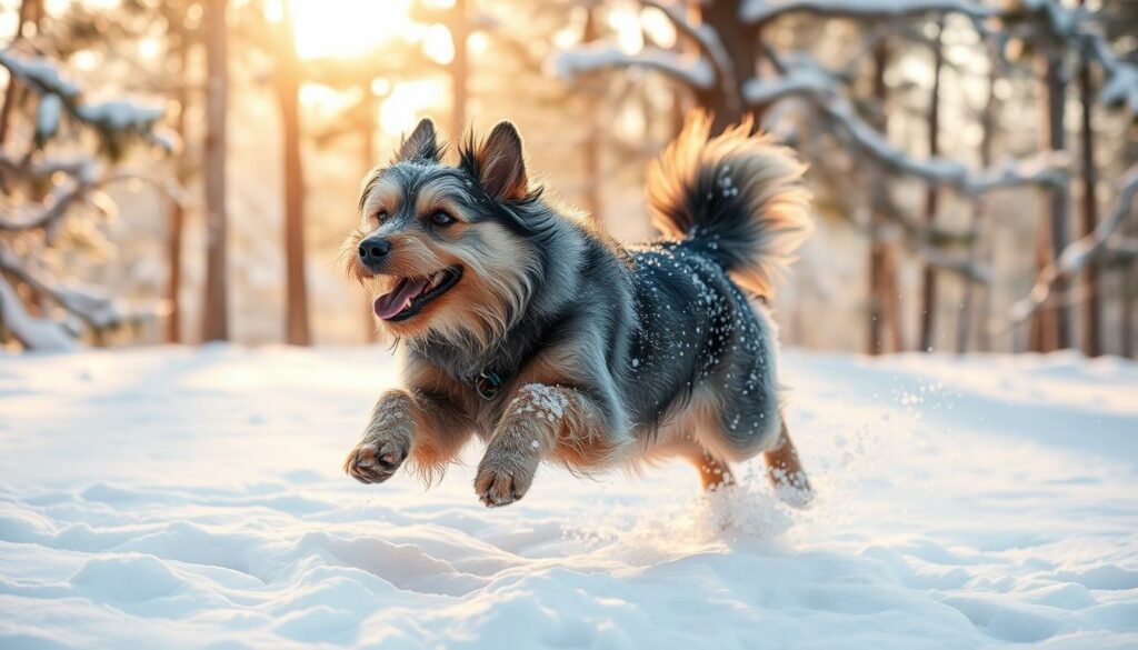 A playful Mischling (mixed-breed) dog named Tony, frolicking joyfully in a winter wonderland. His medium-length, shaggy fur shimmers with crystalline snowflakes as he bounds through the pristine, snow-covered landscape. Warm, diffused light filters through the bare branches of towering pine trees, casting a soft, golden glow over the serene scene. Tony's expressive eyes and lolling tongue convey his unbridled enthusiasm, his stocky frame seemingly weightless as he leaps through the powdery snow. This heartwarming image captures the essence of Tony's cherished 16-year companionship with his owners, Jan Josef Liefers and Anna Loos, a testament to the unbreakable bond between man and his loyal canine friend.