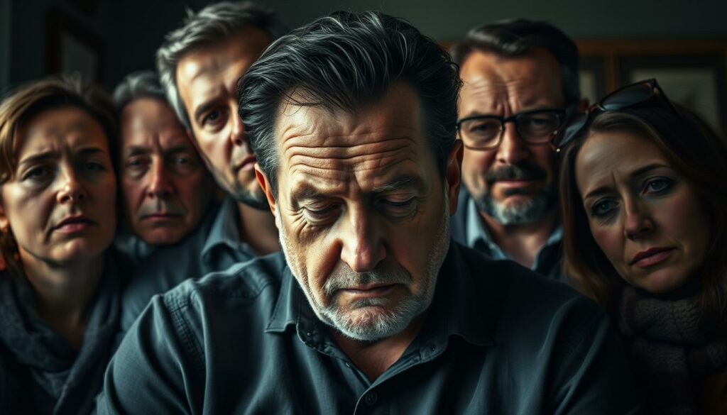 A poignant family portrait of Michael Madsen, renowned for his iconic roles, captured in a moment of profound grief. His weathered face etched with sorrow, eyes downcast, shoulders slumped in anguish. Surrounding him, his loved ones - sons, daughters, and other family members - united in their shared mourning, their expressions conveying the weight of their loss. The scene is bathed in muted, somber tones, the lighting soft and moody, creating an atmosphere of contemplation and emotional resonance. This image powerfully conveys the depth of the Madsen family's anguish and the profound impact of their sudden bereavement.