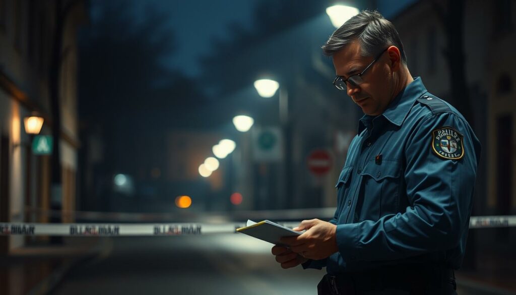 A police officer in a crisp uniform stands at the center of the frame, examining evidence at a crime scene. The background is a dimly lit street, with shadows cast by streetlamps creating an atmosphere of mystery and investigation. In the foreground, the officer meticulously documents findings, their focused expression conveying the gravity of the situation. The scene is captured with a cinematic, low-angle perspective, emphasizing the sense of tension and the importance of the police work. Subtle hues of blue and gray dominate the color palette, reinforcing the somber, official nature of the "Polizei Ermittlungen" (Police Investigations).
