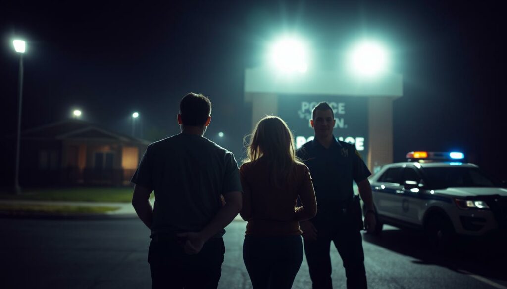 A police station at night, the exterior illuminated by harsh floodlights. In the foreground, two handcuffed individuals - a man and a woman - being escorted by uniformed officers, their faces obscured by shadows. The scene conveys a sense of tension and urgency, as if the arrests have just occurred. The background is hazy, with the faint silhouettes of other buildings and a police vehicle visible. The lighting creates dramatic contrasts, emphasizing the gravity of the situation. The overall tone is one of subdued drama, reflecting the seriousness of the event depicted.