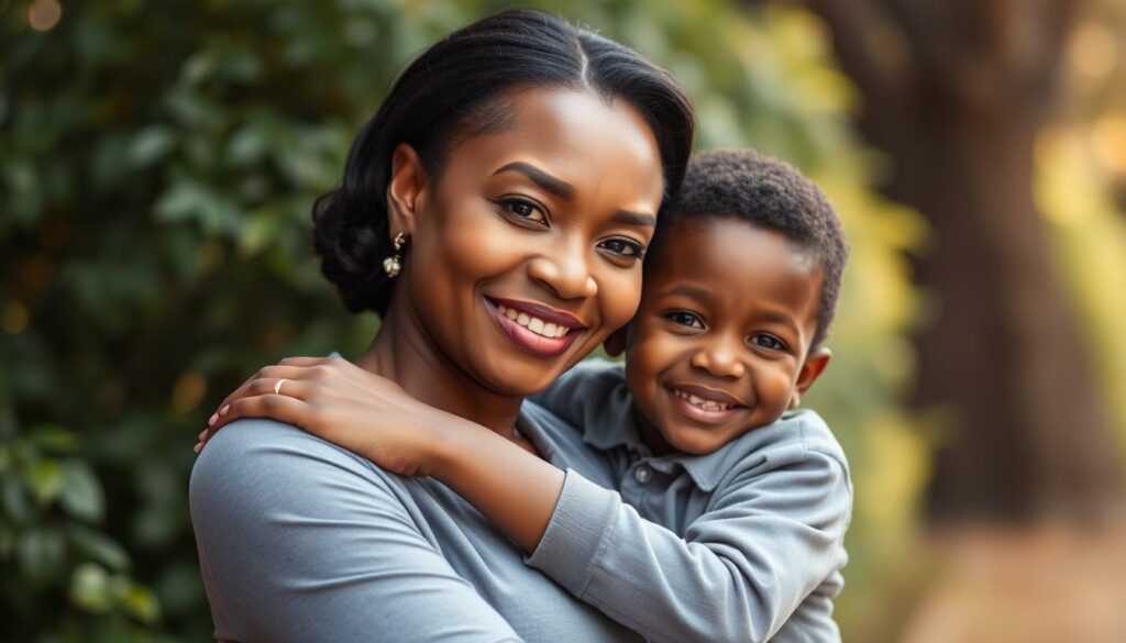 A portrait of Avelina Boateng, a prominent figure, and her young son, set against a warm, natural backdrop. Avelina's elegant, poised demeanor contrasts with her son's playful, joyful expression as they embrace. Soft, diffused lighting illuminates their faces, creating a sense of intimacy and connection. The composition emphasizes their bond, with the mother's protective arm around her son, while the blurred, lush greenery in the background suggests a secluded, private setting. The image conveys a sense of tranquility, warmth, and the loving relationship between Avelina and her child.
