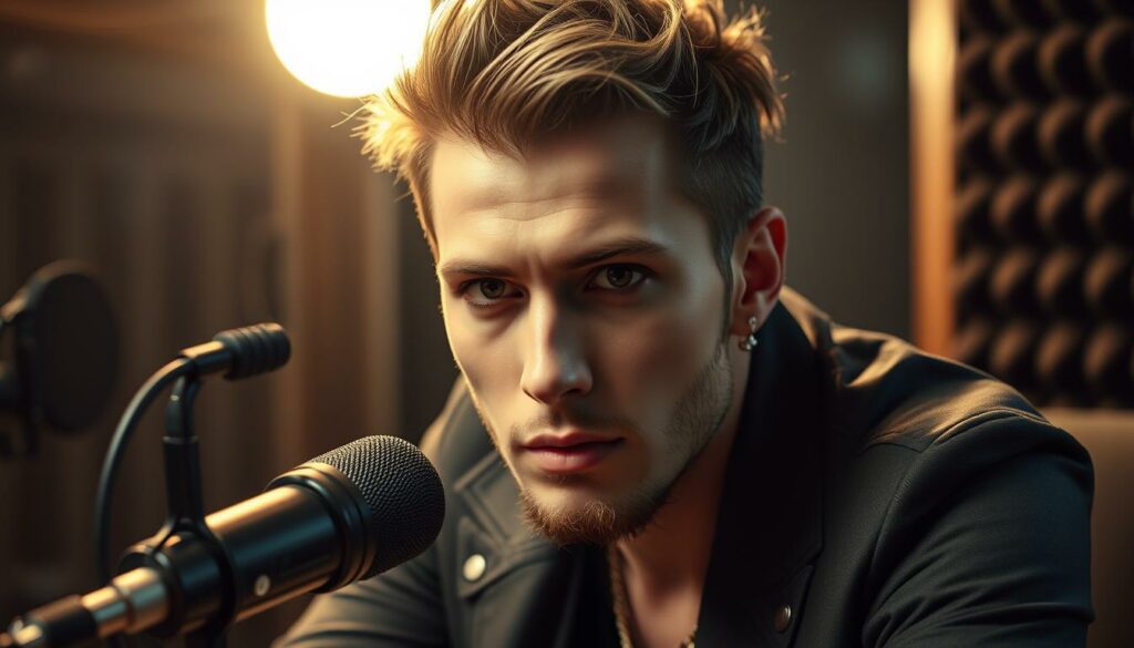 A portrait of Bill Kaulitz, lead singer of the German band Tokio Hotel, sitting at a microphone in a professional podcast studio. The lighting is soft and flattering, illuminating his distinctive features and piercing gaze. The background is blurred, keeping the focus on Kaulitz's face as he leans in, ready to deliver a revealing tell-all interview. The mood is intense, with a sense of anticipation and vulnerability, hinting at the "Bett-Beichte" or bedroom confessions he is about to share. The image captures the essence of Kaulitz's candid podcast appearance, where he unveils personal details to his audience.