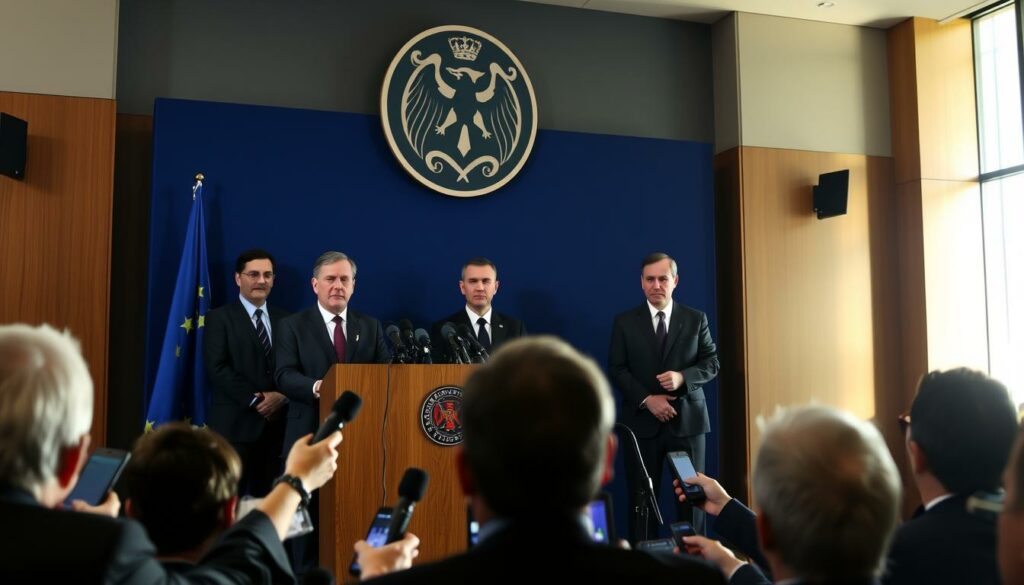 A press conference held by authorities in North Rhine-Westphalia, Germany. The scene takes place in a formal government building, with a podium and backdrop adorned with the state emblem. Serious-faced officials in suits stand behind the podium, addressing a room filled with reporters holding microphones and notepads. Bright, directional lighting illuminates the speakers, casting dramatic shadows and creating an air of gravity and importance. The angle is slightly elevated, capturing the authoritative posture of the officials and the attentive, hushed atmosphere of the event. The overall mood is one of official solemnity, as the authorities deliver a statement regarding a terrorism investigation in the region.
