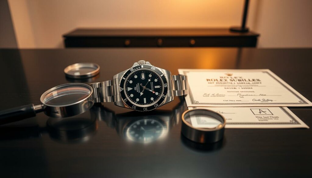 A pristine Rolex Submariner rests on a dark, polished wooden table, surrounded by a magnifying glass, a jeweler's loupe, and a certificate of authenticity. The watch's flawless stainless steel case and pristine black dial are illuminated by warm, directional lighting, casting subtle shadows and highlights that accentuate its intricate design. In the background, a clean, minimalist environment with muted tones provides a serene, professional atmosphere, emphasizing the importance of a careful, well-informed purchase of a genuine, high-quality timepiece.