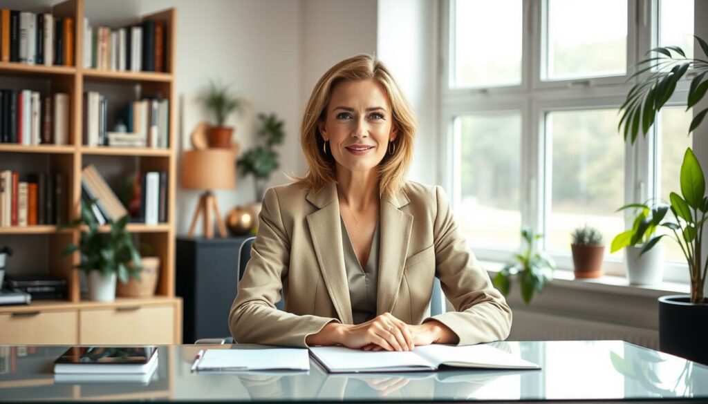 A professional portrait of the German news anchor Judith Rakers, seated at a desk in a cozy, well-lit home office. She is dressed in a stylish, neutral-toned outfit, her expression serene and confident. The background features bookshelves, potted plants, and a large window letting in soft, natural light, creating a sense of balance and harmony between her successful career and private life. The composition is carefully framed, using a medium shot to capture Rakers' poise and presence. The overall mood is one of quiet elegance and contentment, reflecting the section title "Karriere und Privatleben im Einklang".