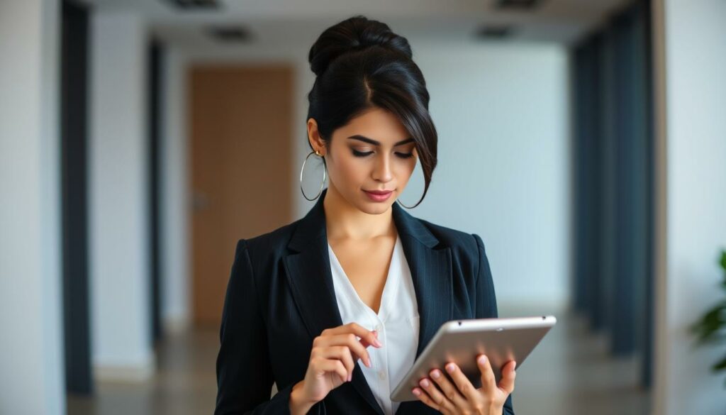 A professional woman with an analytical gaze, Lilian Carvalho Monteiro stands poised in a chic, tailored suit, her dark hair swept back in a polished updo. The lighting is soft and flattering, capturing the thoughtful expression on her face as she reviews financial data on a sleek tablet. The background is a modern, minimalist office setting, with clean lines and neutral tones that complement her sophisticated appearance. An air of quiet confidence and competence surrounds her, conveying her expertise as a risk analyst.