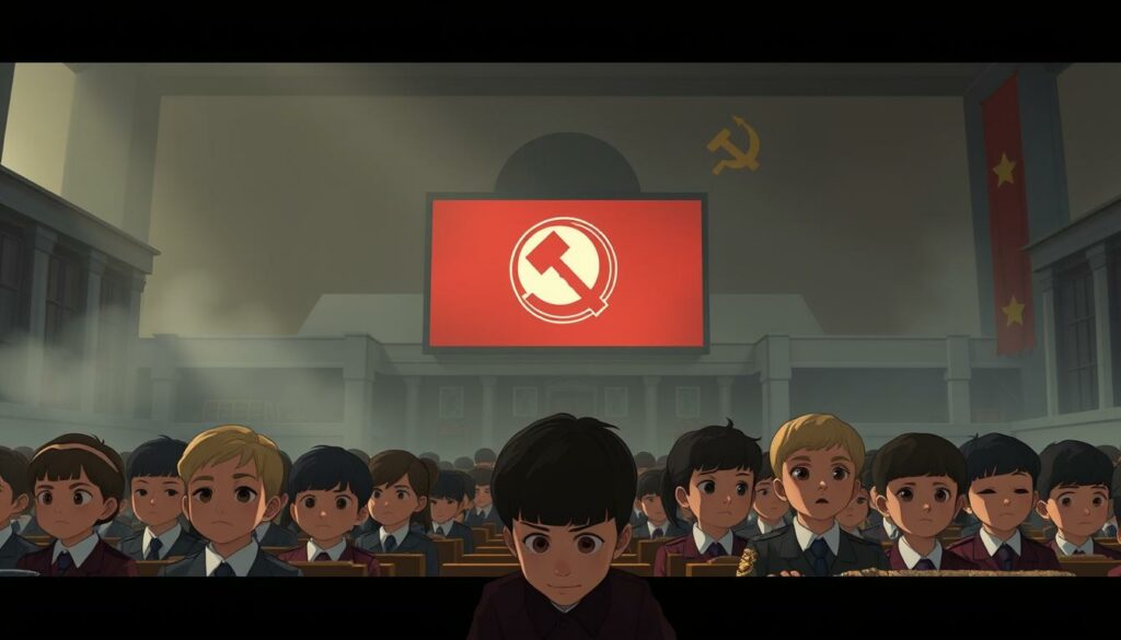 A propaganda-style animated film depicting indoctrinated children in a dystopian, authoritarian setting. The foreground shows a group of young, uniform-clad students sitting in a classroom, their expressions vacant and their gaze fixed forward. The middle ground reveals an ominous, military-inspired backdrop with stark, imposing architecture and a giant screen displaying the symbol of a totalitarian regime. The background is shrouded in a hazy, oppressive atmosphere, suggesting an environment of surveillance and control. The lighting is harsh and unforgiving, casting harsh shadows and emphasizing the bleak, uncompromising nature of the scene. The overall mood is one of unease, manipulation, and the systematic indoctrination of the youth.