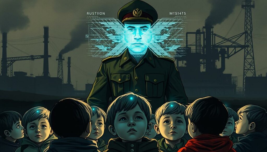 A propaganda-style illustration depicting AI-powered technology being used to indoctrinate Russian children against NATO. The foreground shows a group of young children, their faces transfixed by glowing holographic displays. Towering behind them, a looming figure in military uniform, their features obscured by a shroud of digital interference. The background is a bleak, industrial landscape, hinting at the sinister forces at work. The lighting is harsh, casting deep shadows that suggest an oppressive atmosphere. The overall tone is unsettling, conveying the ominous nature of this AI-driven propaganda machine targeting impressionable young minds.