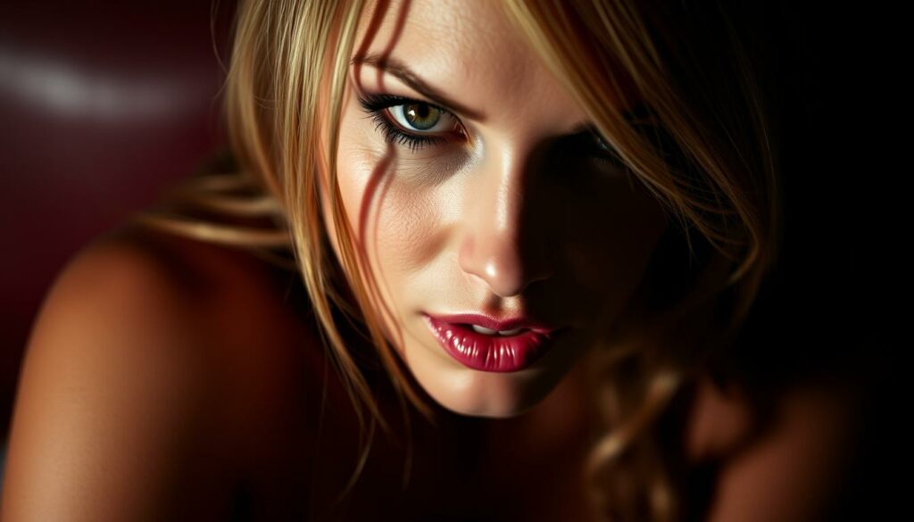 A provocative close-up of Katja Krasavice, the controversial German reality TV star, captured in a sensual, almost nude pose. The lighting is soft and flattering, casting dramatic shadows that accentuate her curves. The focus is sharp on her alluring expression, her gaze directly engaging the viewer. The background is intentionally blurred, keeping the attention solely on Krasavice's captivating figure. The mood is one of sultry, unapologetic confidence, reflecting the scandals and scandals that have propelled her to fame. This image captures the essence of Krasavice's public persona - a bold, uncompromising, and magnetic presence.