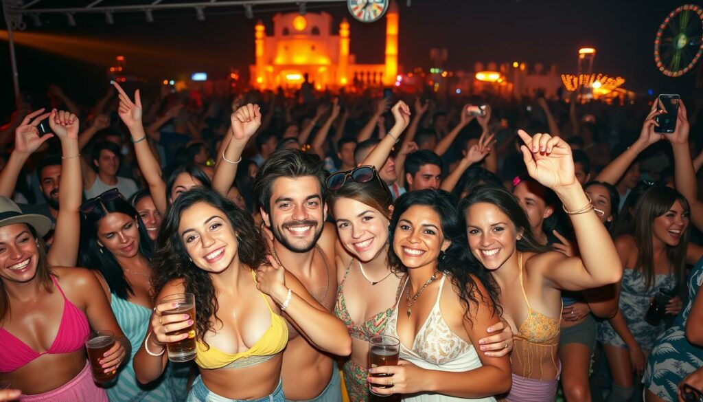 A raucous crowd of partygoers on the Ballermann, their faces alight with unbridled excitement and joy. Revelers dressed in vibrant, beach-themed attire sway and dance to the pulsing beat of electronic dance music, drinks in hand. In the foreground, a group of friends embrace and cheer, their expressions conveying the lively, carefree atmosphere of the iconic Mallorca nightlife. The middle ground is a sea of bodies, arms raised and smartphones capturing the moment, while the background is a hazy blur of colorful lights and the iconic Ballermann landmarks. The scene is bathed in a warm, golden glow, lending an almost cinematic quality to the image and capturing the unbridled energy and revelry of this iconic Balearic party destination.