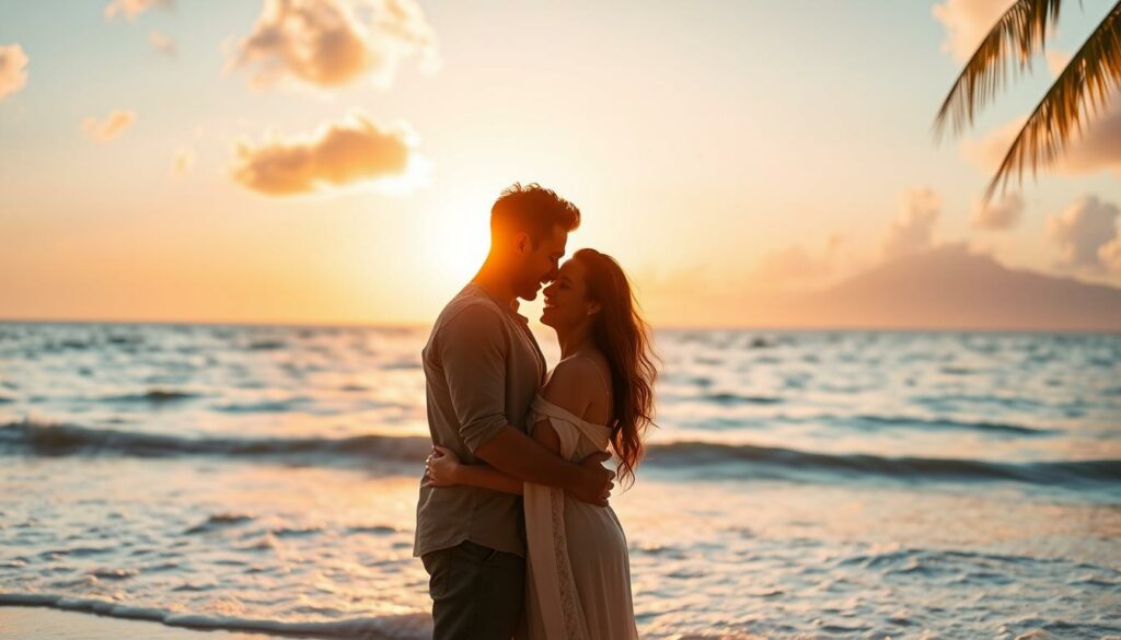 A romantic beach scene with two young, attractive individuals embracing passionately against the backdrop of a tropical sunset. Warm, golden light bathes the scene, casting a soft, intimate glow. The couple's silhouettes are sharp and defined, suggesting a sense of energy and intimacy. The ocean waves gently lap at the shore, creating a soothing, tranquil atmosphere. The composition is balanced, with the couple positioned in the foreground, drawing the viewer's eye directly to the central subject. The overall mood is one of newfound love, passion, and a sense of possibility.