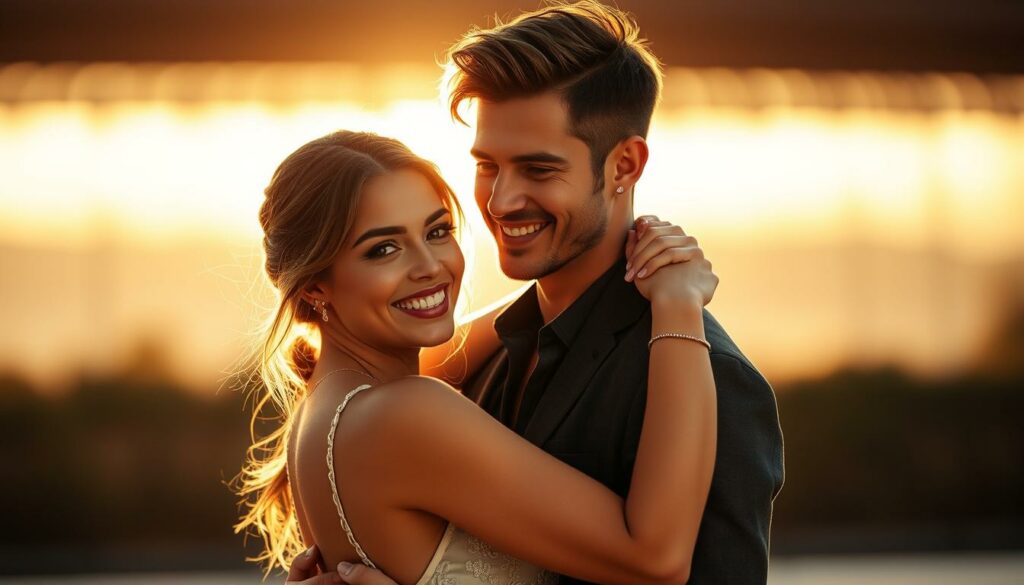 A romantic, cinematic image of Grace Zakhour and Armin Rausch, the glamorous contestants from Germany's Next Topmodel, captured in a tender embrace against a softly blurred, golden-hour backdrop. Their faces glow with joy and adoration, their bodies intertwined in a dance-like pose that exudes the passion and connection of their rekindled relationship. The lighting is warm and flattering, casting gentle shadows and highlights that accentuate their striking features. The composition is balanced and intimate, drawing the viewer's eye directly to the couple's captivating expressions and the intimacy of their embrace.