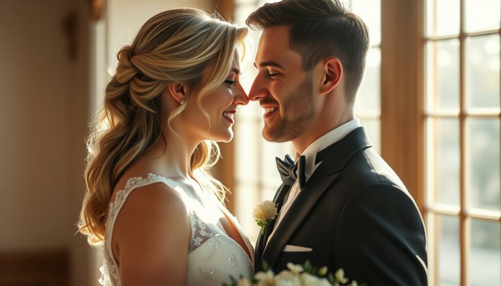 A romantic close-up portrait of Lulu Lewe and her husband Bastian Scheibe on their wedding day. The couple is standing close together, gazing lovingly into each other's eyes. Lulu wears a delicate, flowing white wedding dress with lace detailing, her blonde hair elegantly styled. Bastian is dashing in a classic black tuxedo. Soft natural lighting from a large window bathes them in a warm, ethereal glow, casting gentle shadows and highlights across their faces. The background is blurred, creating a sense of intimacy and focus on the newlyweds. The mood is one of pure joy, tenderness, and the promise of a lifetime of love.