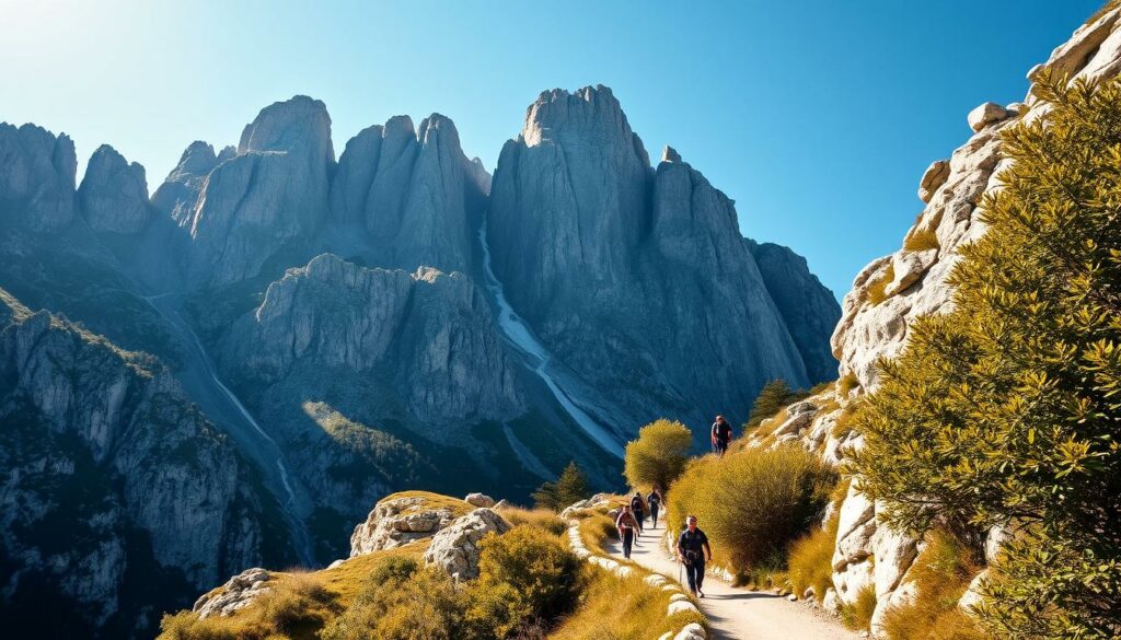 A rugged alpine landscape, the Schmalstöckli towering majestically against a clear, azure sky. Weathered limestone cliffs rise sharply, their rough, jagged edges casting dramatic shadows. A winding path leads towards the base of the climb, surrounded by lush, verdant foliage. Experienced climbers navigate the challenging rock face, their ropes and harnesses glistening in the warm, golden sunlight. The scene exudes a sense of adventure and the thrill of conquering nature's demanding test. A serene, yet awe-inspiring tableau, capturing the essence of this renowned Swiss climbing destination.