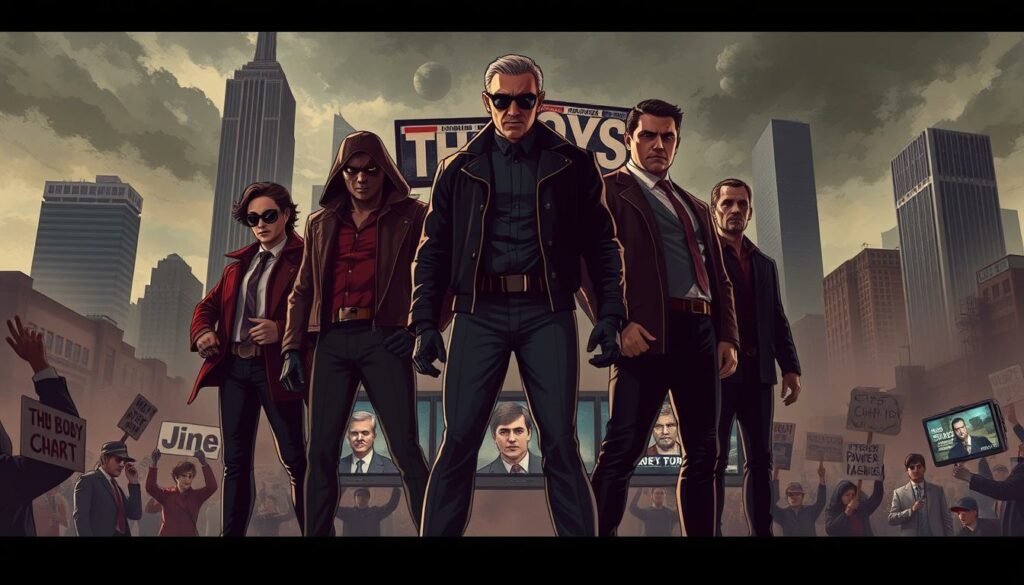 A satirical political illustration of The Boys characters, set against a backdrop of dystopian cityscapes and social unrest. In the foreground, the antihero team stands defiantly, their costumes and expressions conveying a sense of subversive commentary on power structures and corruption. The middle ground features a collage of news headlines, protest signs, and televisions displaying politically charged imagery, hinting at the show's provocative themes. The background is shrouded in an ominous, gritty atmosphere, with towering skyscrapers and a dreary color palette suggesting a bleak, authoritarian landscape. Dramatic cinematic lighting casts dramatic shadows, heightening the sense of tension and social commentary. The overall scene captures the essence of The Boys as a bold, unapologetic satire of modern politics and the abuse of power.