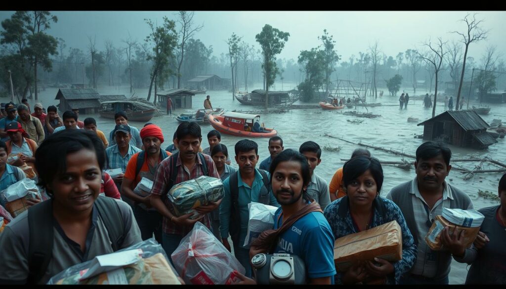 A scene of disaster relief efforts unfolding in the aftermath of a devastating flood. In the foreground, volunteers tirelessly distribute supplies and provide aid to affected families, their expressions conveying a mix of determination and compassion. In the middle ground, rescue teams work to evacuate stranded residents, their boats navigating the churning floodwaters. In the background, a devastated landscape of submerged homes and toppled trees, the dim lighting casting a somber, almost otherworldly atmosphere. The scene is captured with a wide-angle lens, emphasizing the scale of the crisis and the collective effort to overcome it. The overall mood is one of resilience and community spirit in the face of immense adversity.