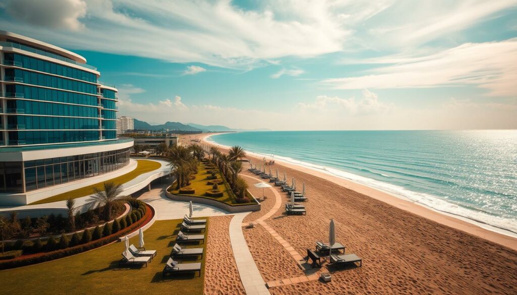 A scenic beachfront resort nestled along the coastline of Wonsan-Kalma, North Korea. The opulent hotel complex features sleek, modern architecture with glass facades and stylish terraces overlooking the tranquil, turquoise waters of the East Sea. Lush, manicured gardens and a private stretch of sandy beach create a luxurious, secluded atmosphere. Sunlight filters through wispy clouds, casting a warm, golden glow across the scene. Elegant lounge chairs and parasols dot the shoreline, hinting at the resort's exclusive amenities and services catered to the political elite. Yet an air of isolation and abandonment pervades, suggesting a resort fallen into disuse and disrepair.