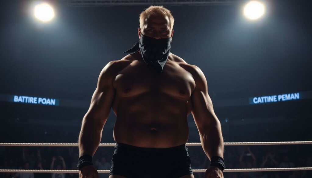 A seasoned professional wrestler stands tall in the center of a dimly lit wrestling ring, his muscular frame silhouetted against the bright spotlights above. The wrestler's face is partially obscured by a bandana, adding an air of mystery and grit to his imposing presence. The ring canvas is worn and weathered, reflecting years of intense battles, while the ropes are taut and tightly stretched, creating a sense of tension and anticipation. In the background, the faint outlines of a roaring crowd can be seen, their cheers and applause echoing through the arena, paying homage to this legendary figure of the sport.
