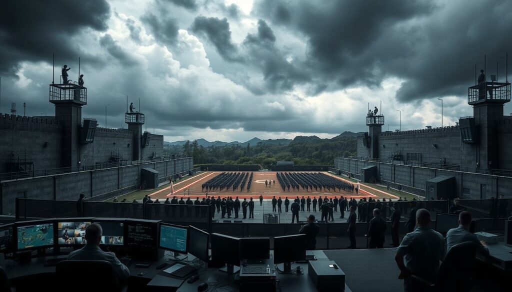 A secure, fortified compound with high walls, watchtowers, and armed guards patrolling the perimeter. In the foreground, a control center with a bank of screens and consoles, staffed by serious-faced operators monitoring surveillance feeds. The middle ground features a parade ground where military personnel perform drills and exercises, their crisp uniforms and disciplined movements conveying a sense of order and preparedness. The background is shrouded in dark, ominous clouds, hinting at the gravity and seriousness of national security concerns. Dramatic lighting casts long shadows, heightening the sense of tension and vigilance. An overall atmosphere of quiet vigilance and uncompromising protection of vital interests.