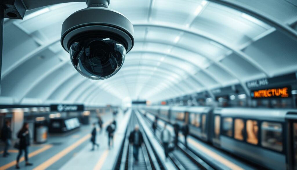 A secure surveillance camera positioned high above a bustling train station, capturing a panoramic view of the platform and tracks below. The scene is bathed in cool, even lighting, conveying a sense of order and vigilance. The camera's wide-angle lens ensures a detailed, objective recording of the comings and goings of passengers. In the foreground, the camera's lens and housing are clearly visible, a testament to the station's comprehensive security measures. In the middle ground, commuters move with purpose, their faces obscured to protect their privacy. The background depicts the station's architectural features - sleek, modern, and devoid of any overt signage or markings. The overall impression is one of a well-monitored, efficient public space, where safety and security are paramount.