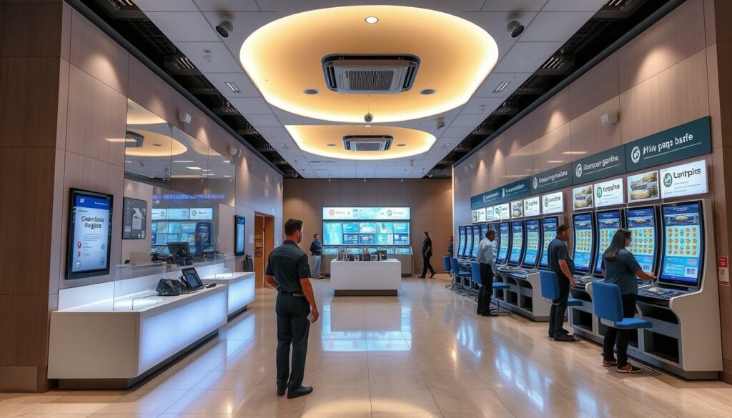 A secure, well-designed lottery gaming environment with robust player protection measures. A modern, polished interior featuring sleek counters, digital displays, and discreet security cameras. Soft, ambient lighting creates a calming atmosphere, while efficient queueing systems and intuitive UI on touchscreens prioritize user experience. Prominent signage outlines responsible gaming guidelines and access to support resources. Uniformed staff maintain a vigilant presence, ensuring a safe, regulated gaming ecosystem that empowers informed, leisure-focused play.