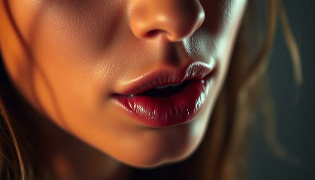A seductive close-up of a person's lips, gently parted, whispering intimate words. The lighting is soft and sensual, casting a warm glow on the skin. The focus is sharp, drawing the viewer's attention to the subtle movements and expressions. The background is blurred, keeping the emphasis on the subject's face and creating an atmosphere of intimacy and desire. The overall mood is one of subtle eroticism and allure, capturing the essence of effective dirty talk techniques.
