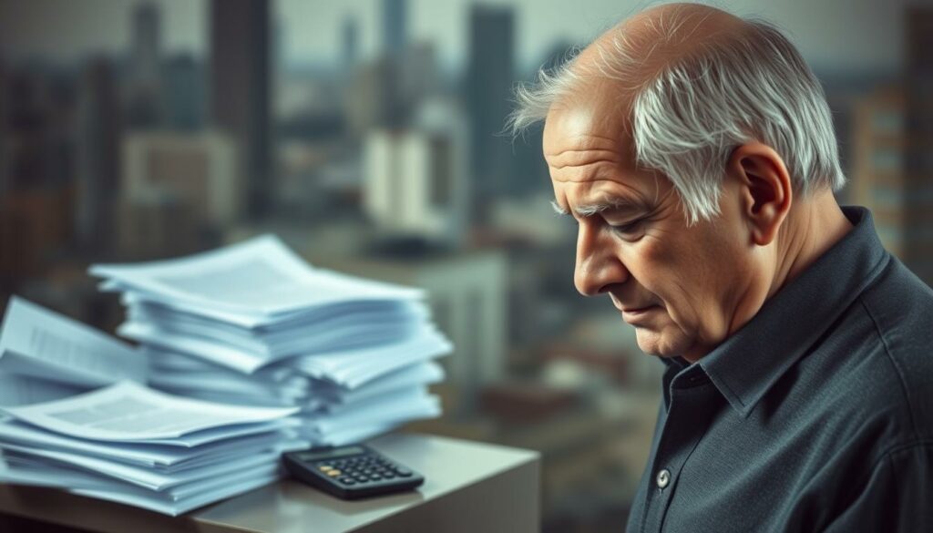 A senior man with a concerned expression stands in the foreground, his head slightly bowed as he contemplates the implications of a rent increase announcement. The middle ground features stacks of documents and a calculator, symbolizing the financial complexities facing elderly individuals. In the background, a blurred cityscape suggests the broader societal context. Soft, muted tones create a somber atmosphere, reflecting the gravity of the situation. Delicate lighting from the side accentuates the man's pensive expression, conveying the weight of the decision he must confront.