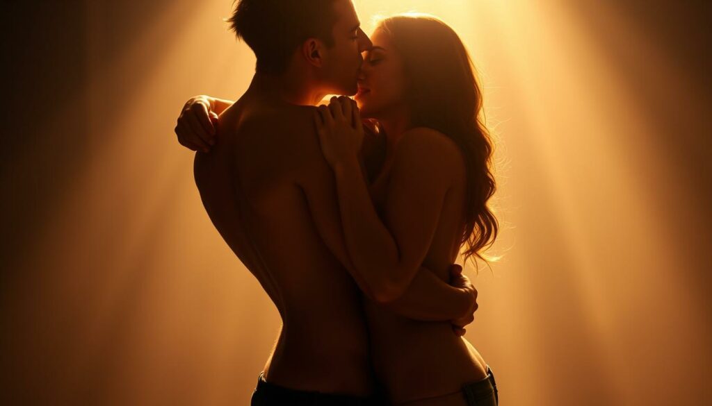 A sensual scene of two lovers in an intimate embrace, their bodies intertwined in a passionate pose optimized for G-spot stimulation. Soft, warm lighting illuminates their silhouettes, casting a seductive glow. The angle captures the curves of their figures, highlighting the fluid movements and subtle tension of their muscles. The background is blurred, keeping the focus on the couple's entangled forms and the intense connection between them. The overall mood is one of arousal, desire, and the promise of intense pleasure and satisfaction.