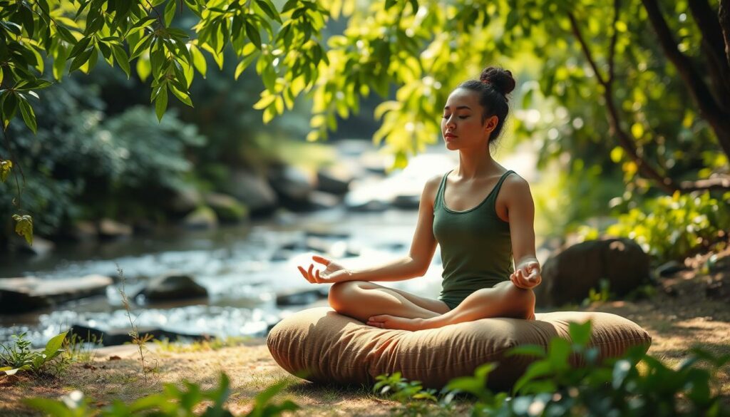 A serene and calming scene of a person meditating in a peaceful garden setting. The foreground features a person sitting cross-legged on a plush, earth-toned meditation cushion, their eyes closed and expression tranquil. Lush, verdant foliage and a gently flowing stream create a soothing, natural backdrop. Soft, diffused natural lighting filters through the leaves, casting a warm, comforting glow. The overall atmosphere evokes a sense of inner calm, focus, and mental preparedness.