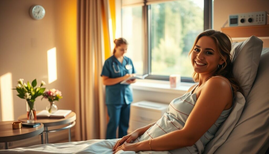 A serene hospital room bathed in warm, golden light. In the foreground, a smiling patient, Jessie J, sitting upright in a cozy hospital bed, her face radiant with health and renewed vitality. Beside her, a small table holds a vase of fresh flowers and a book, signifying her journey to recovery. In the middle ground, a nurse attentively checks her charts, a reassuring presence. The background reveals a tranquil garden view through the window, hinting at the peaceful environment aiding Jessie's healing process. The overall scene conveys a sense of hope, resilience, and the successful outcome of Jessie's courageous battle against cancer.