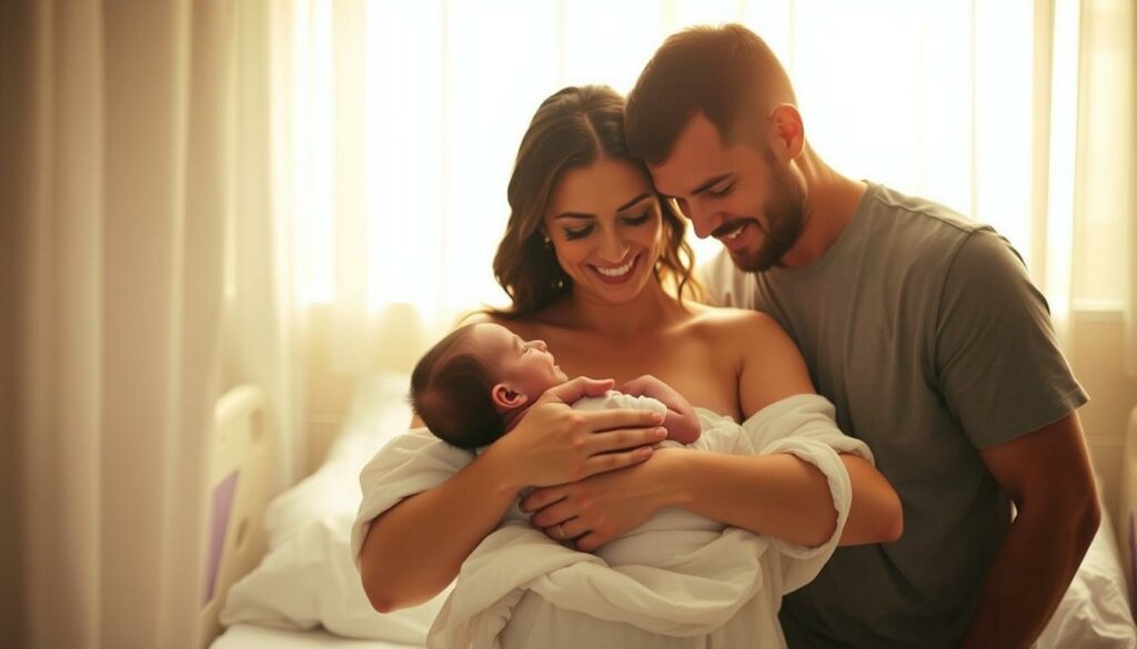 A serene hospital room, bathed in warm, soft lighting. The proud mother, Ana Johnson, holds her newborn son close, gazing at him with pure, radiant joy. The father stands by her side, his face alight with wonder and love. The atmosphere is tranquil and intimate, capturing the profound moment of welcoming a new life into the world. The scene is framed by subtle details - the clean, white linens, the gentle curve of the mother's arm, the tiny fingers of the infant. This image conveys the beauty, intimacy, and profound emotion of Ana Johnson's experience in giving birth to her son. A serene hospital room, bathed in warm, soft lighting. The proud mother, Ana Johnson, holds her newborn son close, gazing at him with pure, radiant joy. The father stands by her side, his face alight with wonder and love. The atmosphere is tranquil and intimate, capturing the profound moment of welcoming a new life into the world. The scene is framed by subtle details - the clean, white linens, the gentle curve of the mother's arm, the tiny fingers of the infant. This image conveys the beauty, intimacy, and profound emotion of Ana Johnson's experience in giving birth to her son.
