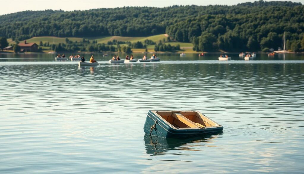 A serene lakeside scene, with the calm waters of a German lake reflecting the surrounding lush greenery. In the foreground, a lone overturned Tretboot (pedal boat) lies partially submerged, a stark reminder of the potential dangers of these recreational vessels. The middle ground features a range of similar Tretboote dotting the lake, their occupants engaged in leisurely activities. The background showcases the picturesque landscape, with rolling hills and a cloudless sky. The lighting is soft and natural, casting a warm glow over the entire scene. The composition is balanced, drawing the viewer's eye to the central focus of the overturned boat, while the surrounding details provide context and a sense of tranquility. This image aims to convey the statistics of Tretboot-related accidents in German waterways, a sobering message within an otherwise serene setting.
