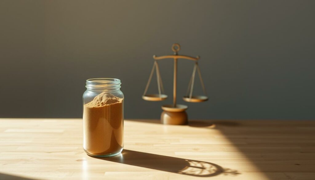 A serene, minimalist scene showcasing the interplay between Ashwagandha and weight management. In the foreground, a glass jar filled with Ashwagandha powder stands atop a sleek, wooden surface, casting soft shadows. Behind it, a subtle scale delicately balances, symbolizing the potential role of Ashwagandha in weight control. The background features a clean, neutral-toned wall, allowing the key elements to take center stage. Soft, diffused lighting illuminates the scene, creating a calming, contemplative atmosphere. The overall composition conveys the idea of balance, wellness, and the potential benefits of incorporating Ashwagandha into a healthy lifestyle.