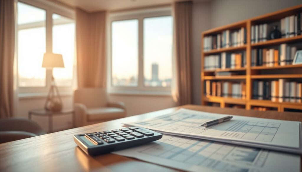 A serene office setting, with a desk in the foreground showcasing retirement planning documents and a calculator. In the middle ground, a window overlooks a cityscape, representing the long-term financial security provided by a corporate pension plan. The background features a bookshelf filled with financial resources, casting a warm, professional ambiance. Soft, directional lighting from the window illuminates the scene, emphasizing the importance and reliability of this key component of a well-rounded retirement strategy. The overall composition conveys the sense of financial preparedness and stability that "betriebliche Altersvorsorge" (occupational pension provision) can offer.