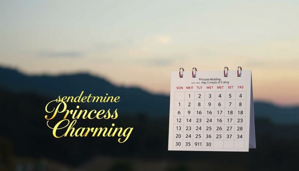 A serene outdoor scene at dusk, showcasing the "Sendetermine Princess Charming" title against a softly lit backdrop. In the foreground, the show's logo appears in a elegant, cursive font, illuminated by warm, golden lighting. In the middle ground, a meticulously detailed calendar displays the upcoming episode airdates, presented in a clean, modern design. The background features a blurred, atmospheric landscape with a pastel sky transitioning from day to night, evoking a sense of anticipation and romantic possibility. The overall composition is balanced, with a focus on simplicity and visual harmony to capture the essence of the "Princess Charming" dating show.