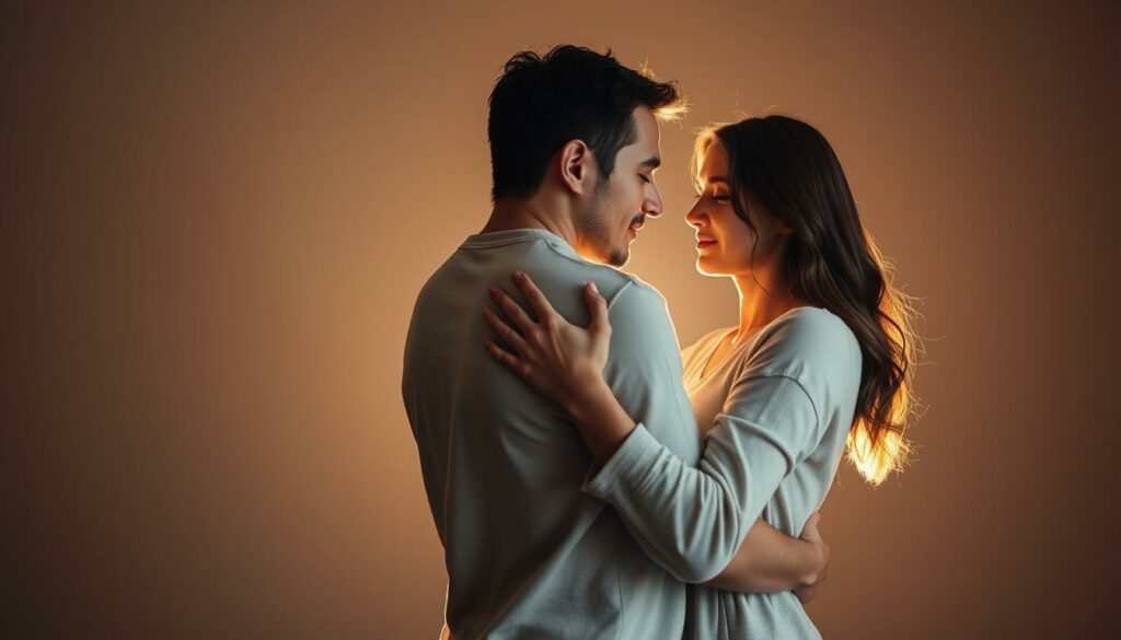 A serene, softly lit scene depicting a couple in an intimate, non-sexual embrace, their bodies intertwined in a gesture of understanding and emotional connection. The lighting is warm and diffused, creating a sense of intimacy and safety. The figures are posed thoughtfully, their expressions conveying a sense of trust, vulnerability, and openness to exploring new paths forward. The background is a muted, calming palette, allowing the central figures to take center stage. This image aims to convey the idea of finding solutions to sexual challenges through open communication, emotional intimacy, and a willingness to explore new avenues of connection.