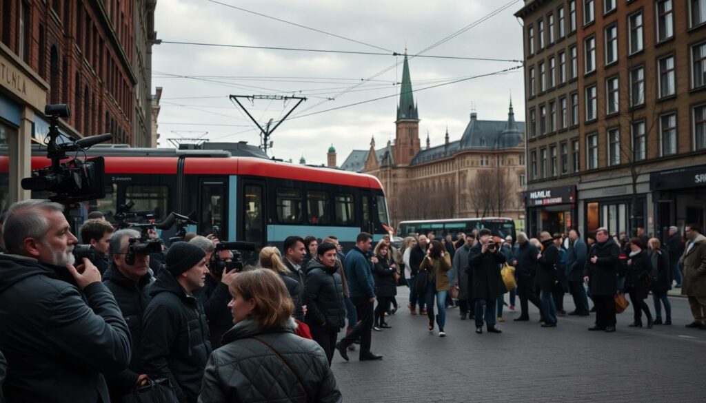 A serene street scene in Hamburg, with a towering S-Bahn train cutting through the frame. In the foreground, news reporters and cameramen gather, their expressions a mix of concern and curiosity, capturing the aftermath of a tragic incident. The middle ground features a somber crowd, onlookers and passersby, their faces reflecting the weight of the situation. In the background, the city's iconic architecture stands as a silent witness, casting long shadows under a overcast sky. The lighting is muted, lending an air of solemnity to the scene, as if the very atmosphere is charged with the gravity of the event.