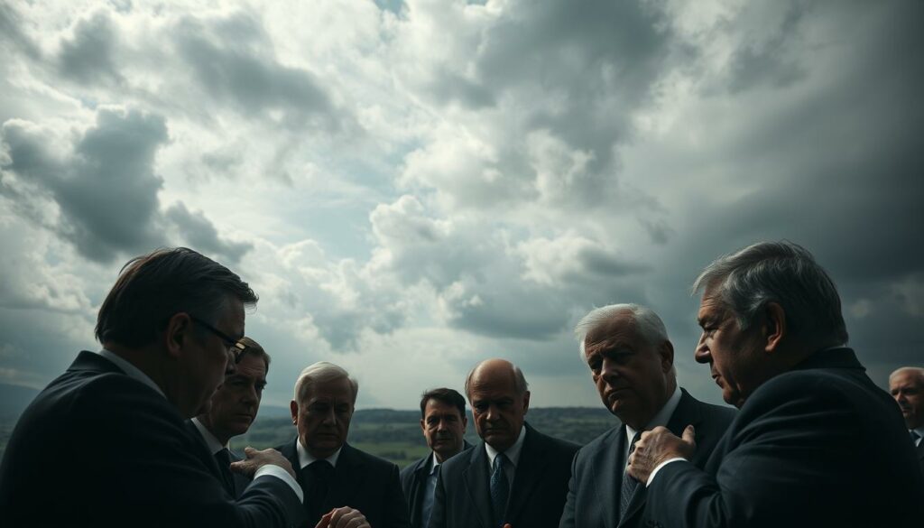 A shadowy coalition government, tensions and challenges looming. In the foreground, a tense meeting of leaders, furrowed brows and furrowed hands. The background depicts a turbulent landscape, swirling clouds, and a sense of uncertainty. Dramatic lighting casts harsh shadows, creating an ominous atmosphere. The scene is shot from a low angle, emphasizing the gravity of the situation. Muted colors and a somber palette convey the weight of the "Herausforderungen der Koalition." The image should evoke a sense of political unease and the difficulties faced by the new administration.