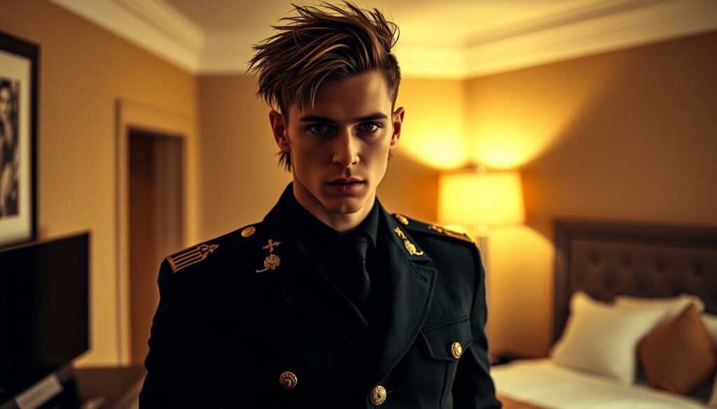 A sharply dressed Bill Kaulitz stands in a hotel room, wearing a crisp military-inspired uniform with intricate epaulets and brass buttons. The lighting is warm and sensual, casting dramatic shadows across his face and accentuating his striking features. His hair is styled in a messy, tousled manner, hinting at a night of passion. The scene exudes an aura of sultry sophistication, with hints of uniform fantasy and disarray. The background is softly blurred, allowing the focus to remain on Bill's captivating presence.