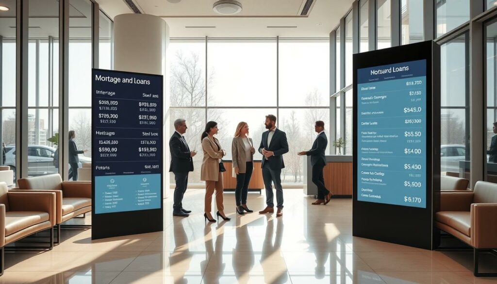 A sleek and modern bank lobby, with large windows providing ample natural light. In the foreground, a digital display showcases various mortgage and loan options, their interest rates and terms presented in a clean, easy-to-compare format. The middle ground features several stylishly dressed individuals, consulting with bank representatives, discussing their financial needs. In the background, a minimalist, sophisticated decor with subtle metallic accents and warm wood tones creates an atmosphere of professionalism and trust. The overall scene conveys a sense of clarity, efficiency, and customer-centric service, reflecting the goal of finding the best interest rates and mortgage conditions.