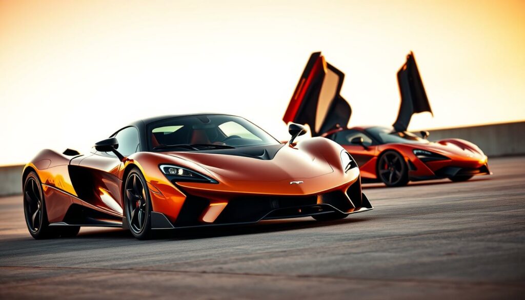 A sleek and powerful supercar takes center stage, its sculpted body gleaming under the soft, warm lighting. In the background, a second supercar, the iconic McLaren, stands in contrast, its angular lines and aggressive stance hinting at raw performance. The scene is captured from a low, dynamic angle, emphasizing the sheer presence and power of these two automotive marvels. The mood is one of anticipation, as if these two machines are about to engage in a high-stakes duel, their engines roaring to life. The attention to detail is exquisite, with every curve and surface meticulously rendered, inviting the viewer to explore the intricate design and engineering of these extraordinary vehicles.
