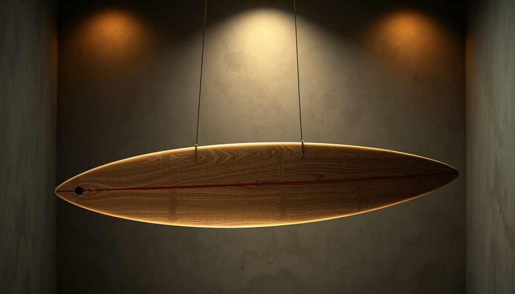 A sleek, handcrafted surfboard suspended in a dimly lit studio, its wood grain and artisanal details illuminated by soft, warm lighting. The board's surface reflects the skilled craftsmanship, with intricate patterns and textures that showcase the unique character of the materials. In the background, a subtle, textured backdrop complements the board's organic forms, creating a harmonious and immersive atmosphere that celebrates the intersection of design, engineering, and the natural world.