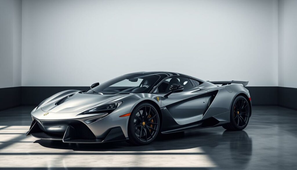 A sleek, high-performance supercar parked in an exclusive, minimalist showroom. The vehicle's bold, aerodynamic silhouette is highlighted by dramatic lighting, casting dramatic shadows that accentuate its muscular curves. The car's shiny, metallic finish reflects the room's pristine, white walls and polished concrete floor, creating a sense of refined luxury. The scene conveys a feeling of power, exclusivity, and the pinnacle of automotive design and engineering.