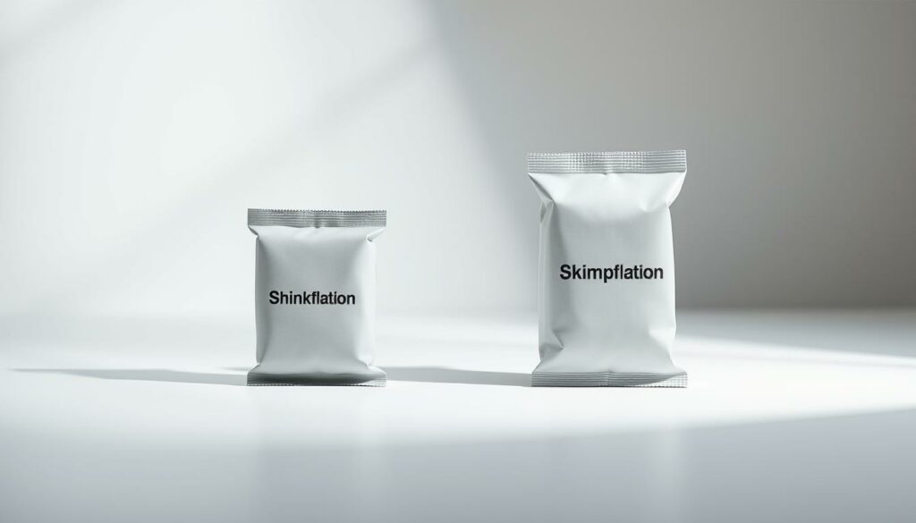 A sleek, minimalist product display showcasing two distinct product packages - one with "Shrinkflation" and the other with "Skimpflation" - set against a neutral, well-lit background. The Shrinkflation package has a noticeably smaller size compared to the Skimpflation package, creating a clear visual contrast. The lighting accentuates the smooth, textured surfaces of the packaging, giving the scene a premium, high-quality feel. The camera angle is set at a slightly elevated perspective, emphasizing the products and drawing the viewer's attention to the differences in size and presentation. The overall mood is one of careful, deliberate comparison, inviting the viewer to observe and consider the implications of these packaging strategies.