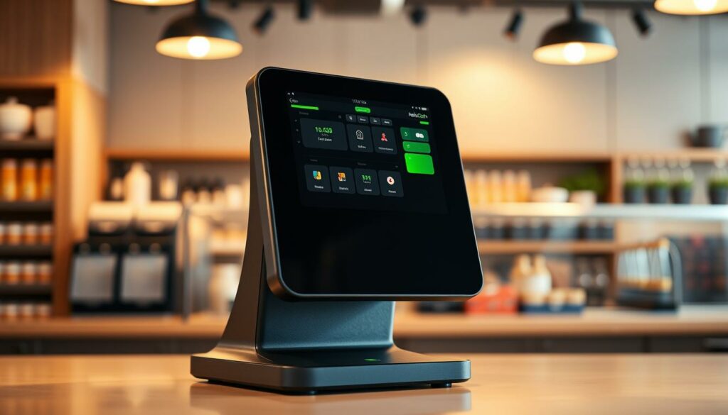 A sleek, modern cash register system stands prominently in the foreground, its glossy black surface reflecting the warm lighting above. The machine's clean, minimalist design is complemented by a subtle green accent, hinting at the "helloCash" branding. In the middle ground, a high-tech touchscreen display showcases intuitive software interfaces, offering a glimpse into the system's advanced capabilities. The background is softly blurred, drawing the viewer's attention to the central cash register device, the focal point of this meticulously crafted scene. The overall atmosphere exudes a sense of efficiency, professionalism, and technological sophistication, perfectly capturing the essence of the "helloCash Kassensystem" for the article's featured section.