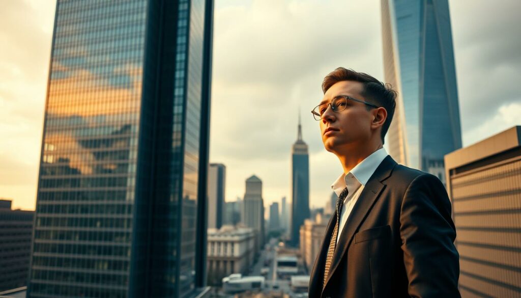 A sleek, modern cityscape with towering skyscrapers and gleaming glass facades. In the foreground, a well-dressed individual stands contemplatively, gazing into the distance, their expression conveying a mix of uncertainty and determination. The lighting is a warm, golden hue, casting a soft, dreamlike quality over the scene. In the middle ground, a bustling financial district comes into focus, with people hurrying to and fro, a visual metaphor for the fast-paced, ever-changing nature of the financial landscape. The background features a cloudy, atmospheric sky, hinting at the uncertain, unpredictable nature of the future. The overall composition evokes a sense of both optimism and apprehension, capturing the diverse perspectives and emotions surrounding the financial future.