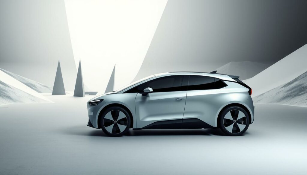 A sleek, modern electric vehicle in a minimalist, futuristic setting. In the foreground, the ID.Buzz model is prominently displayed, its distinctive silhouette and clean lines conveying a sense of advanced technology and environmental awareness. The midground features a sparse, geometric landscape with stark, angular structures, creating a sense of urban sophistication. The background is bathed in a soft, diffused light, evoking a calm, serene atmosphere that underscores the vehicle's efficient and sustainable nature. The overall composition is balanced and harmonious, with a focus on the ID.Buzz as the centerpiece of this "Kommunikationsstrategie Elektromobilität."