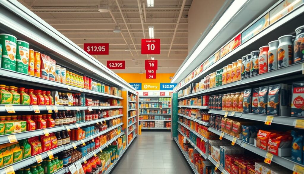 A sleek, modern grocery store aisle showcasing a variety of discounted products. The shelves are well-stocked, with vibrant packaging and clear price tags displayed prominently. Bright, natural lighting illuminates the scene, casting a warm glow and highlighting the bold colors. The camera angle is slightly elevated, providing a comprehensive view of the aisle and the products on offer. The overall atmosphere conveys a sense of efficiency, value, and consumer-focused shopping experience. The focus is on the pricing and discounts, with the goal of conveying the impact of the Penny store's branding changes on the prices seen by customers.